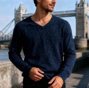 Armani Collezioni Merino Wool V-Neck Sweater Men M Dark Blue Luxury Knit